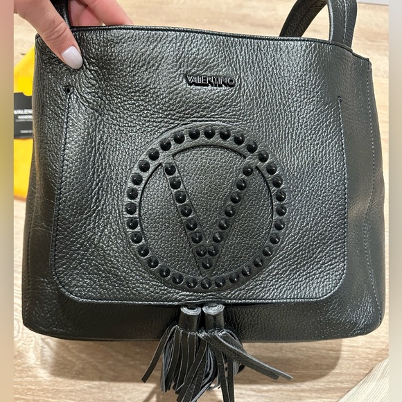 Valentino Estelle Rock Studded Pebbled Leather Black Tote Shoulder Bag - Picture 7 of 14